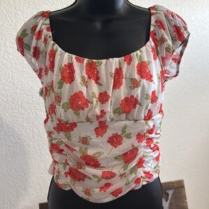 Sienna Sky Red Floral Ruched Top Size L New Without Tags